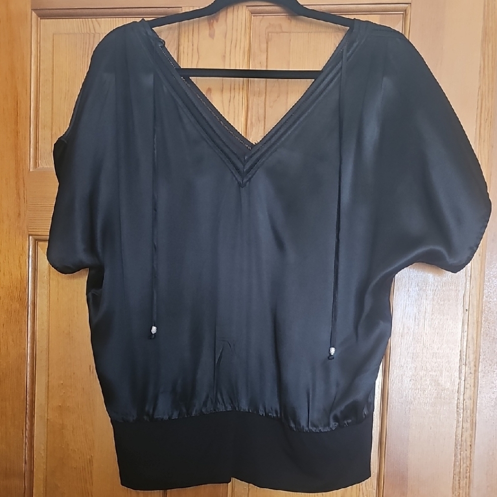 White House Black Market Black Satin V-Neck Blouson Top with Drawstring Ties